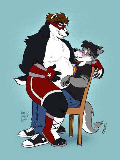 A drawing of a male anthropomorphic badger wrestler sitting on top of an anthro male grey wolf sitting in a chair. The badger is sitting on top of the wolf's lap, teasing his big belly by pressing it against the wolf's torso with a confident smirk. The grey wolf is blushing and is staring respectfully at the badger's belly while wagging his tail.