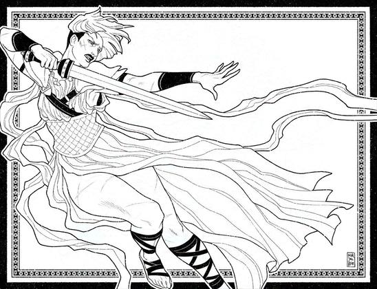 Ilustración a línea en blanco y negro representando a una mujer joven casi de cuerpo entero, una amazona guerrera. Tiene cabello corto y liso, viste una túnica griega, sandalias y algunas piezas de armadura, y esgrime una espada. Su pose es grácil, pero llena de fuerza, como si luchase bailando, y extiende su brazo libre en un gesto decidido y urgente, como si estuviera intentando agarrar a alguien de la mano. Su cuerpo está surcado de cicatrices. La expresión de su rostro es fiera y angustiada.
—
Black and white illustration depicting a young woman, an amazon warrior, almost in full body. She has short straight hair and is wearing a Greek tunic, sandals and some pieces of armour, and she is wielding a sword. Her fighting pose is graceful and full of strength, as if she were dancing, and she reaches out with her free arm, determined and urgent, as if trying to grab somebody’s hand. Lots of scars cover her body. Her expression is fierce and anguished.