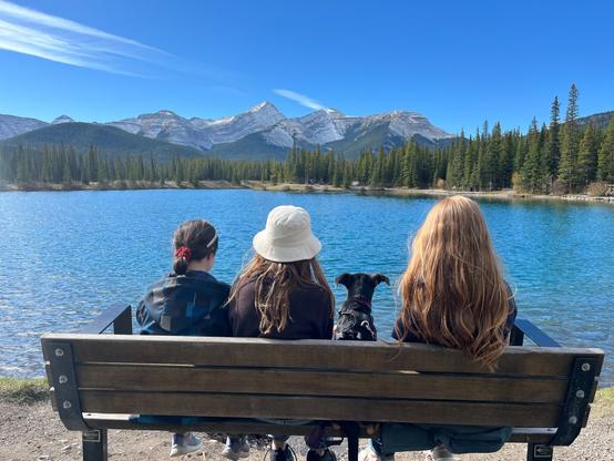 Three girls and a dog sit on a park bench facing a lake with mountains and pine trees in the background on a clear, sunny day.