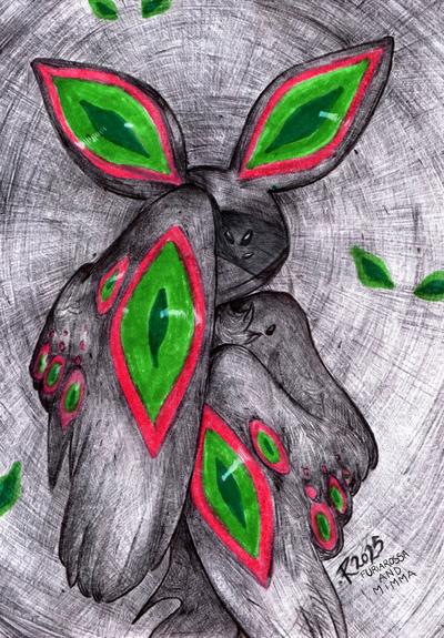 Illustration of a spyrite, a spirit vaguely resembling a bat, covered in markings resembling large, brightly colored green and red eyes. It's covering part of its face with one wing, exposing the red and green marking on its wing membrane. The illustration was drawn with black ballpoint pen and colored pencils.