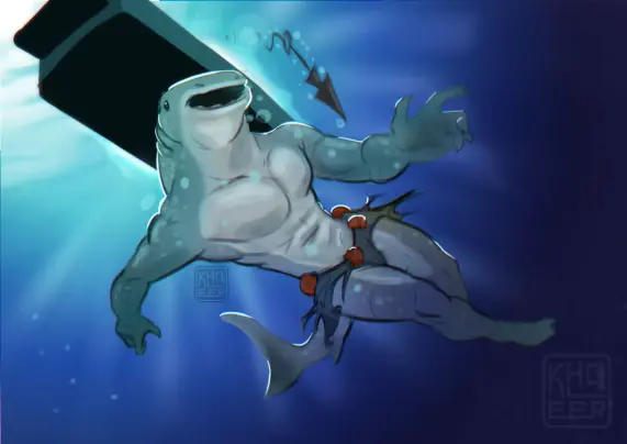 A were-whale-shark swimming underneath a boat that shoots a harpoon at it. He looks surprised.