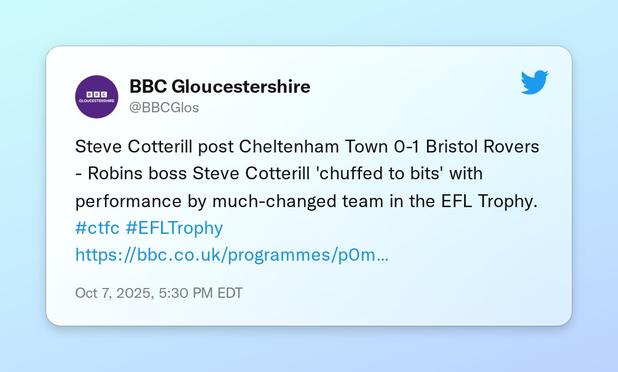 Steve Cotterill post Cheltenham Town 0-1 Bristol Rovers - Robins boss Steve Cotterill 'chuffed to bits' with performance by much-changed team in the EFL Trophy. #ctfc #EFLTrophy 
https://t.co/tgXB2FhOa7