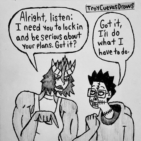 Augusta (the lindworm troublemaker) giving a very serious word, “Alright, listen: I need you to lock in and be serious about your plans. Got it?”, then my undead artsona says, “Got it, I’ll do what I have to do.”