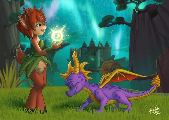 Elora the faun using magic, Spyro is bowing with a smile on his face, they are in Treetops
