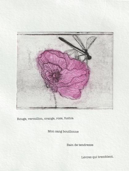 Gravure sur tétra-pak. Fleur de libellule