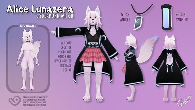 Showcase of an outfit made in Blender for Alice Lunazera. The outfit is called "Cyberpunk Witch"
You see an unclothed base 3D furry model on the left with "OG Model" written above it, then to the right of that a front, side, and back view of her with the new outfit. Outfit is made up of a crop top and skirt, with a black lab coat featuring cyberpunk style blue LED strips on the rims, sides, and back. As well as crescent moons on the shoulders.
You can also see a closeup of the "witch amulet" and "potion canister"
Five of the potion canisters can be seen on her belt.
Original model by Julia Winterpaw 
Texture and Remash by Diarana
Concept art by Xoe (Nodie Caff)
Cyberpunk Witch Outfit by Char
