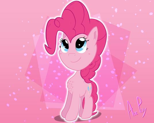 Illustration art of My Little Pony character Pinkie Pie standing in an abstract pink gradient background; she's smiling and looking up