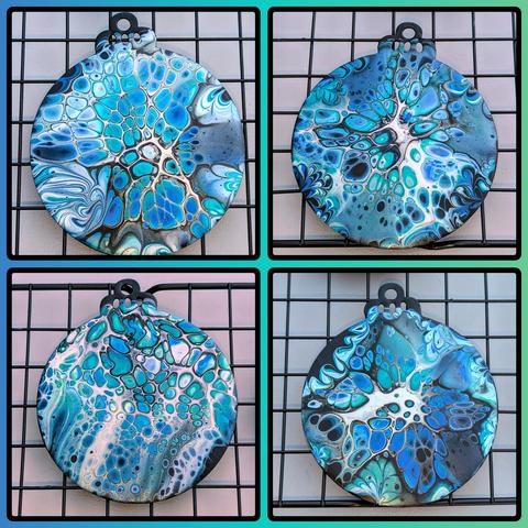 A collage with photos of four fluid art/paint pour ornaments; the top two and bottom right are blooms whole the bottom left is a bloom swipe. They're all shades of blue and turquoise with silver, a black background, and silver on black cell activator.