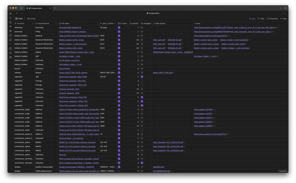 Screenshot of my "Components" list, which is a large spreadsheet of 108 components with the following columns: function, manufacturer, file name, part number, in stock, quantity, salvaged, data sheets, links.