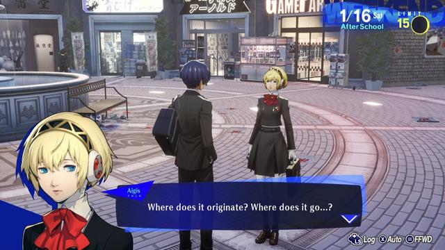 Persona 3 Reload screenshot of protagonist and Aigis talking with Aigis saying “Where does it originate? Where does it go…?”