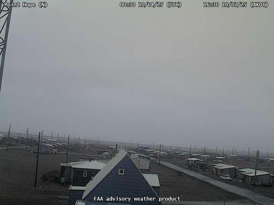 A webcam overseeing a beach with an ocean view, with a few small buildings and utility poles.