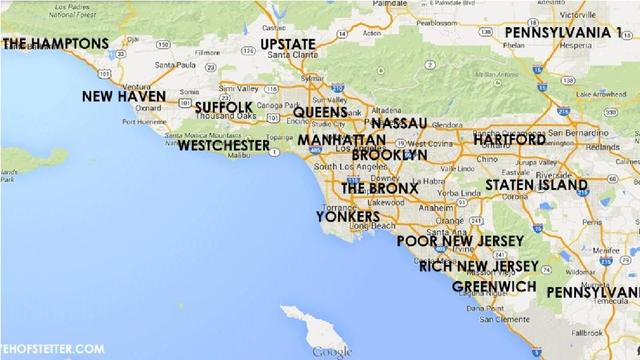 Map of Los Angeles region with NYC Metro region counterparts superimposed. Ex:  Laguna Niguel is Greenwich; Riverside is Staten Island; Santa Monica is Westchester...