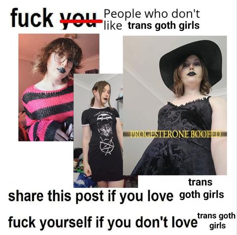 Photo by Revy 🏳️‍⚧️ on October 07, 2025. May be a meme of 3 people and text that says 'fuck oy like People who don't trans goth girls PROGESTERONE PROGESTERONEBOOFED PROGEST TERONE BOOFED share this post if you ove trans goth girls fuck yourself if you don't love trans goth girls'.
