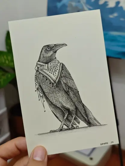 Dibujo en tinta y grafito de un zanate utilizando una Kufiya Palestina
