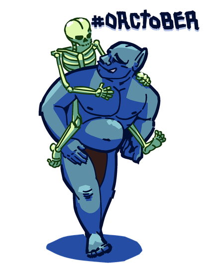 A digital illustration of a muscular, bluish-skinned orc in a loincloth giving a piggyback ride to a skeleton. The orc is looking over his shoulder to make sure the skeleton is doing alright. They seem like good friends.