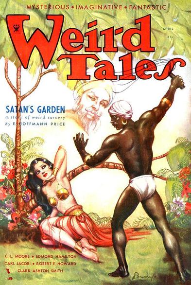 A Black man with a whip menaces a white woman in harem clothing in a garden setting, a stylised floating image of a middle-eastern-looking turbaned man in the background.
Weird Tales magazine cover from 1934.
