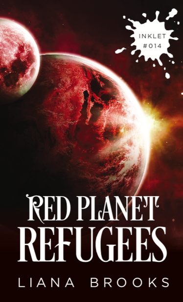 The cover of the short story RED PLANET REFUGEES showing a pair of red planets and a solar flare behind them.