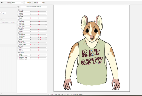 a screenshot of the software Live2d showing a preview of a waist-up anthro tan and white rat in a tank top reading RAT CITY. on the left are position sliders used to animate the model