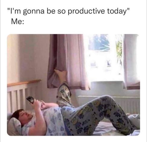 Photo of a person lying in bed, scrolling on their phone, with one leg raised to pull the curtains closed using their foot. Caption above says: “I’m gonna be so productive today. Me:”