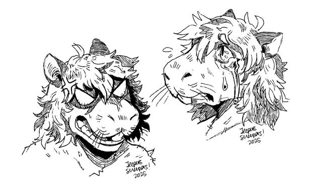 Two black and white busts of an anthro capybara with shaggy hair. One he looks incredibly angry, the other he is crying with oversized tears.