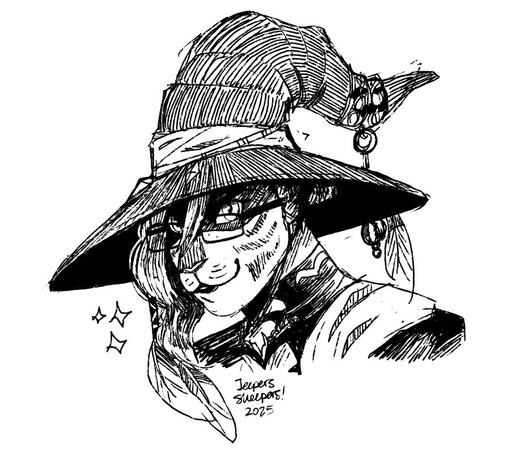 A picture of a cute hrothgar black mage lady wearing glasses.