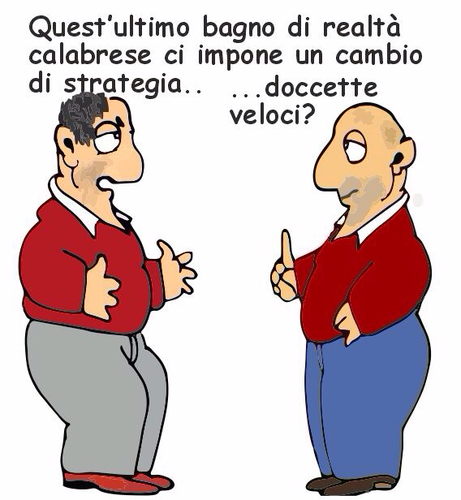L’immagine è semplice e la scena sembra essere umoristica, riferendosi al fatto che, dopo un’esperienza in Calabria, devono cambiare strategia e forse optare per docce rapide.
