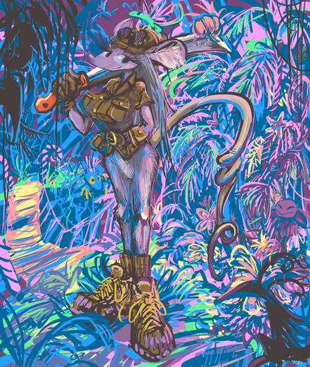 tall human-proportioned rodent person standing amidst vaguely jungle-like scenery holding a macehete and wearing large boots, smiling cornily at the viewer