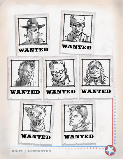From top left going right:  Black Hat; The Vagabond; Mack The Bandit; Doc Gideon Raynes; Rhonda Leeks; Wick Wessel; Predix.