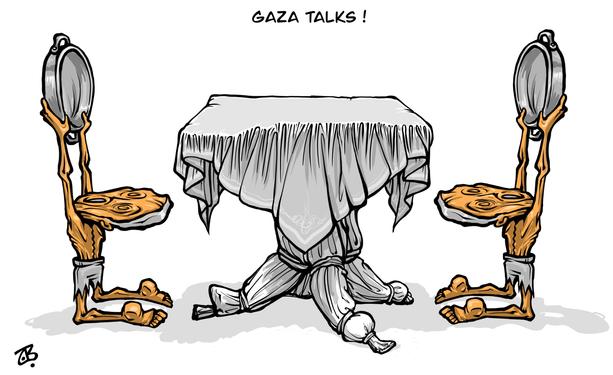 Cartoon showing a table and two chairs. The chairs are made up of kneeling emaciated persons holding up empty pots and the table legs are made up of body bags. The caption reads ‘Gaza talks!’.