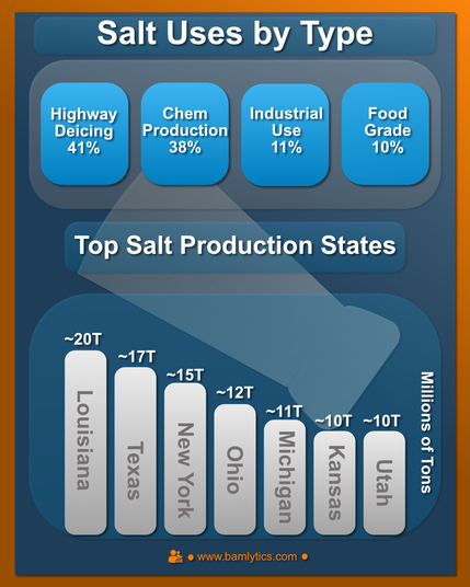 Two-part chart titled “Salt in America.” Top: bar graph of salt uses by category (chemical production, de-icing, food, water treatment, and others). Bottom: map-style bar chart showing top U.S. salt-producing states. Framed in Bam-orange border.