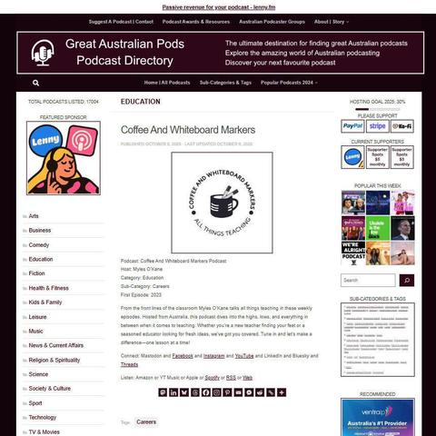 Coffee And Whiteboard Markers Podcast
Screenshot of the podcast listing on the Great Australian Pods website