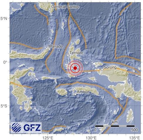 Map showing the earthquake of 2025-10-08 in Halmahera, Indonesia