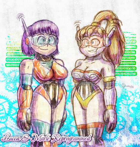 Lucca and Marle from Chrono Trigger getting reprogrammed into fembots