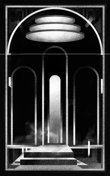 A black and white, pixelated digital drawing depicting a semi-abstract environment, a door in the center, a light coming from above, a frame on the drawing being part of the environment, a mysterious and solemn atmosphere