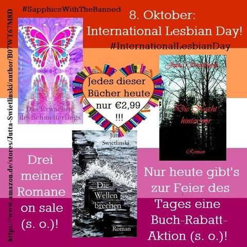 Eine Lesbenflagge mit den Covern der drei genannten Romane von Jutta Swietlinski mit Werbetext und Link zur Kaufseite (s. o.).