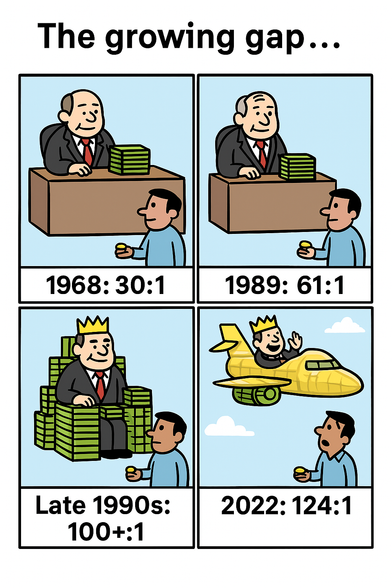 Picture of CEO at desk with money and a work with just a coin. 4 pictures with increasingly large amounts of money for the CEO