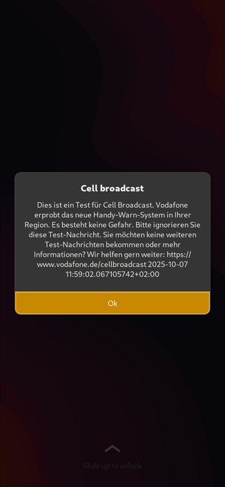 A screenshot from a Phone running Phosh. It shows a test cellbroadcast message from the Vodafone network.