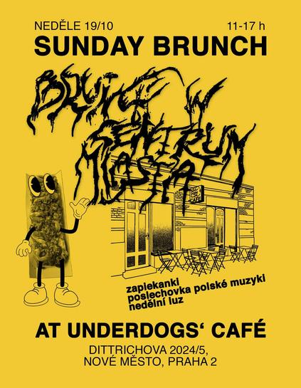 Yellow poster showing a polish zapiekanka stylized as a stickperson standing next to a Cafe. There is black metalish text: Brunch w centrum miasta.