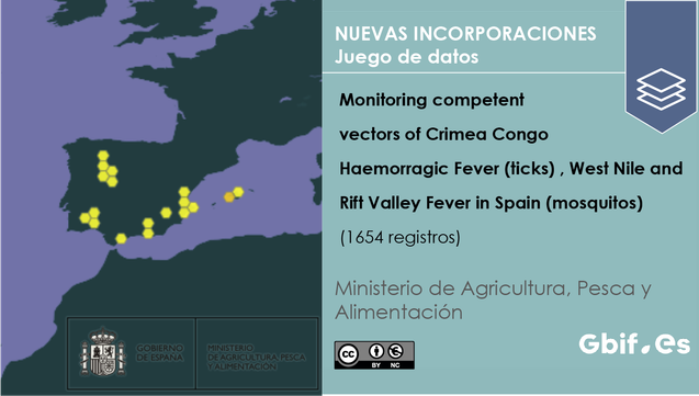 NEW ADDITIONS – Dataset Monitoring competent vectors of Crimean-Congo Hemorrhagic Fever (ticks), West Nile, and Rift Valley Fever in Spain (mosquitoes) (1,654 records) Ministry of Agriculture, Fisheries and Food CC BY NC