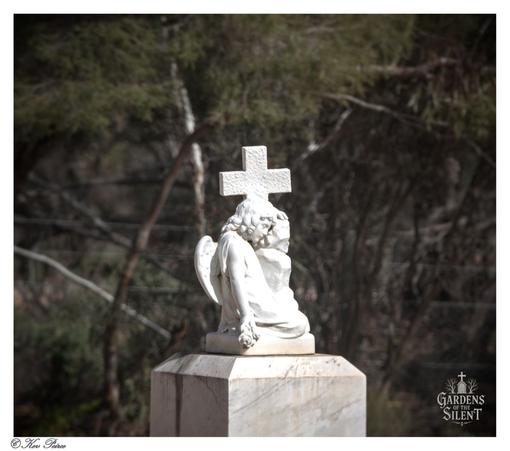 A focused, close up photograph of a small, white marble statuette of a weeping angel resting on a low pedestal in the Kingston on Murray Cemetery.  The sculpture shows the kneeling angel with its head bowed in sorrow, partially obscured by its wings and the base of a simple white Latin cross that rises directly above it.  The white statue is sharply focused against a soft, dark, and blurred background of dry foliage and eucalyptus branches, creating a solemn, contemplative mood.  The image is signed Kev Peirce.