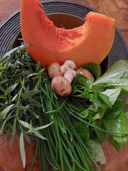 Déposé  sur un set de table gris: un quartier de citrouille orange vif, des champignons blonds de Paris, des bouquets de ciboulettes, estragon, basilic cannelle