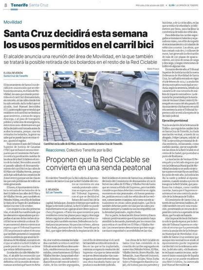 Página del periódico DIARIO DE AVISOS con la noticia del desmantelamiento del carril bici en Santa Cruz de Tenerife