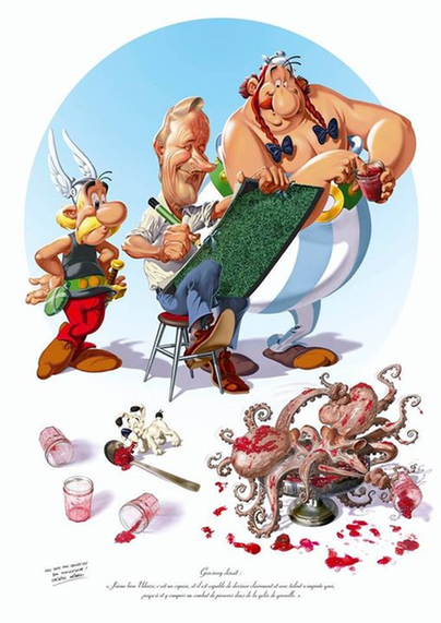 Eine Karikatur von Uderzo sitzt auf einem Stuhl mit einem Malblock. Asterix und Obelix schauen Uderzo beim Zeichnen zu. Vor ihm kämpfen zwei Kraken in einem Gefäß und beschmieren sich mit Gelee.