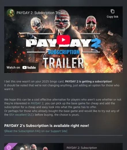 A steam page announcing overkills payday 2 sub service