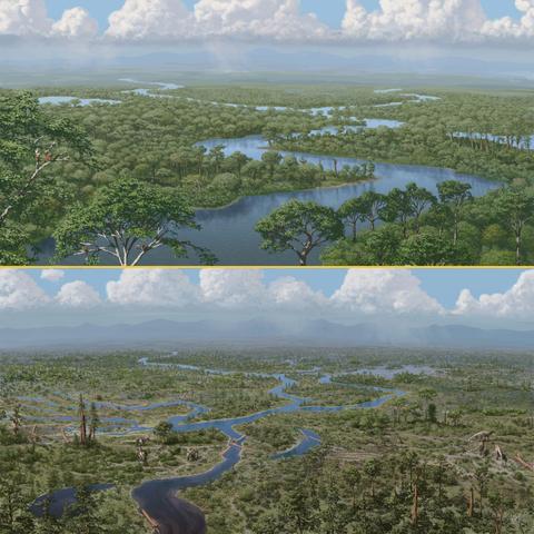 Two illustrations of the same flat landscape with a winding river. The one on top shows a dense lush forest with small mammals. The lower one shows a much more open landscape with large dinosaurs.