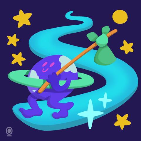 Procreate of illustration of a little cloudy planet character with arms and legs and a ring around the waist, smiling and holding a stick and a bundle, walking on a light path that swirls across the universe. Stars, sparkles and a yellow moon are floating in space.