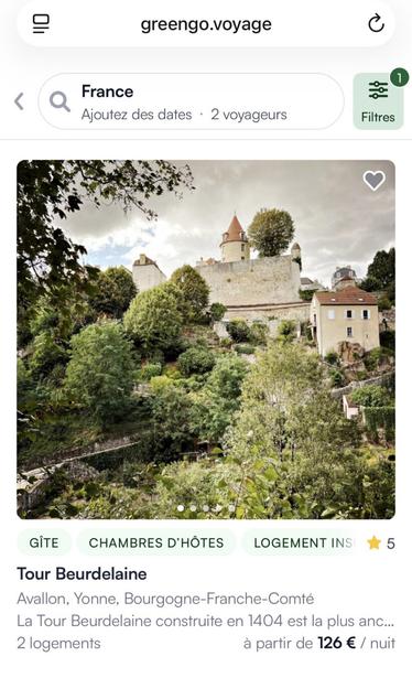Capture d’écran de l’annonce de la Tour Beurdelaine sur le site de location GreenGo
