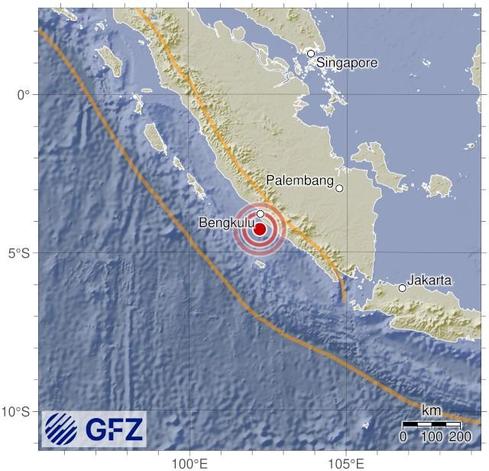 Map showing the earthquake of 2025-10-08 in Southern Sumatra, Indonesia