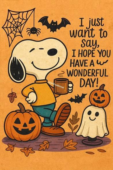 Snoopy mit Kaffeetasse, in Hose und Pullover, lehnt an einem Kürbis, um ihn herum Geister, Fledermäuse und Spinnen.
Text: I just want to say, I hope you have a wonderful day!