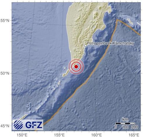Map showing the earthquake of 2025-10-08 in Near East Coast of Kamchatka